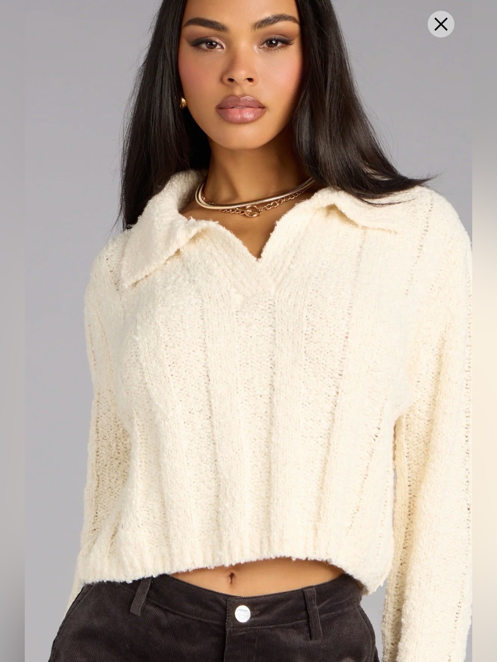 Windsor Cream Textured Collared Cropped Sweater